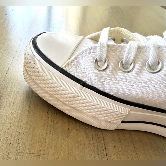 Converse All Star White Platform Low Top Canvas Sneakers with Black Trim - Picture 4 of 8